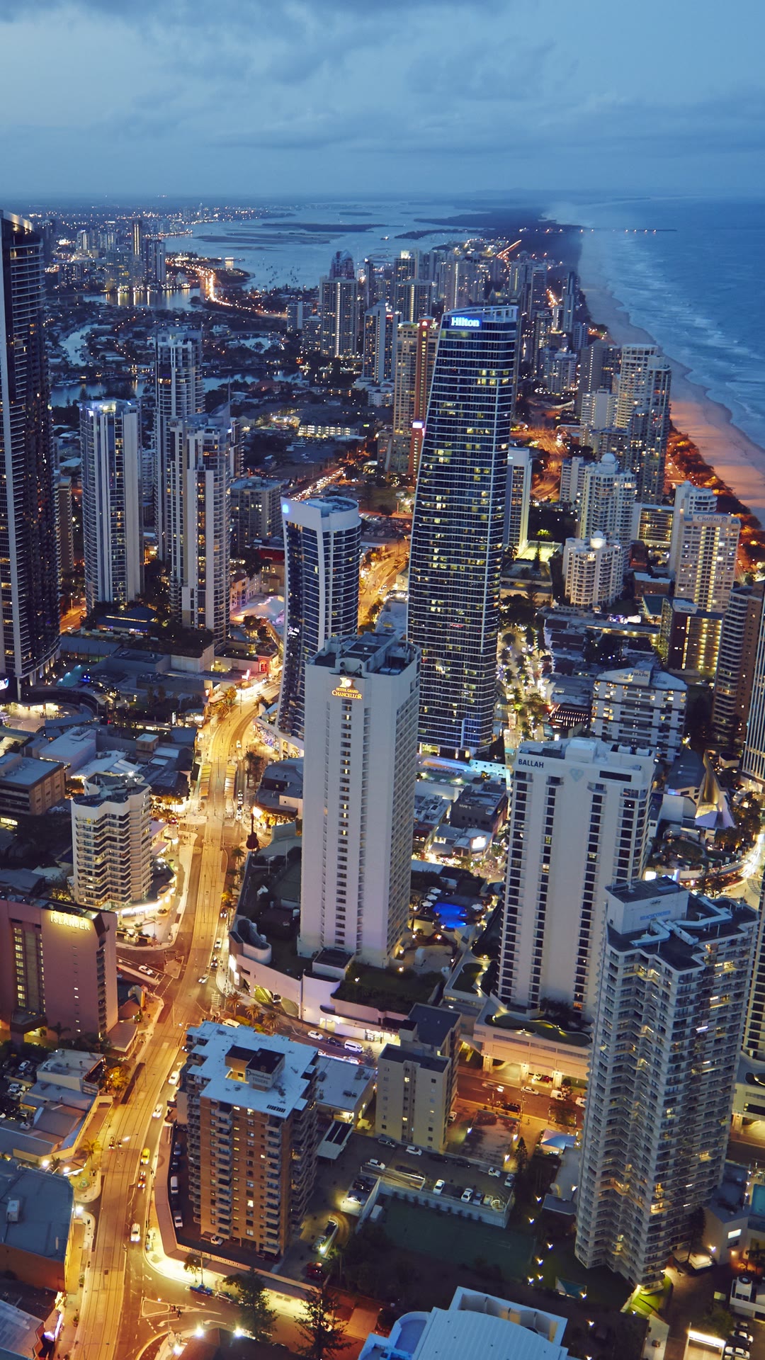 Gold Coast skyline and coastline after dusk.