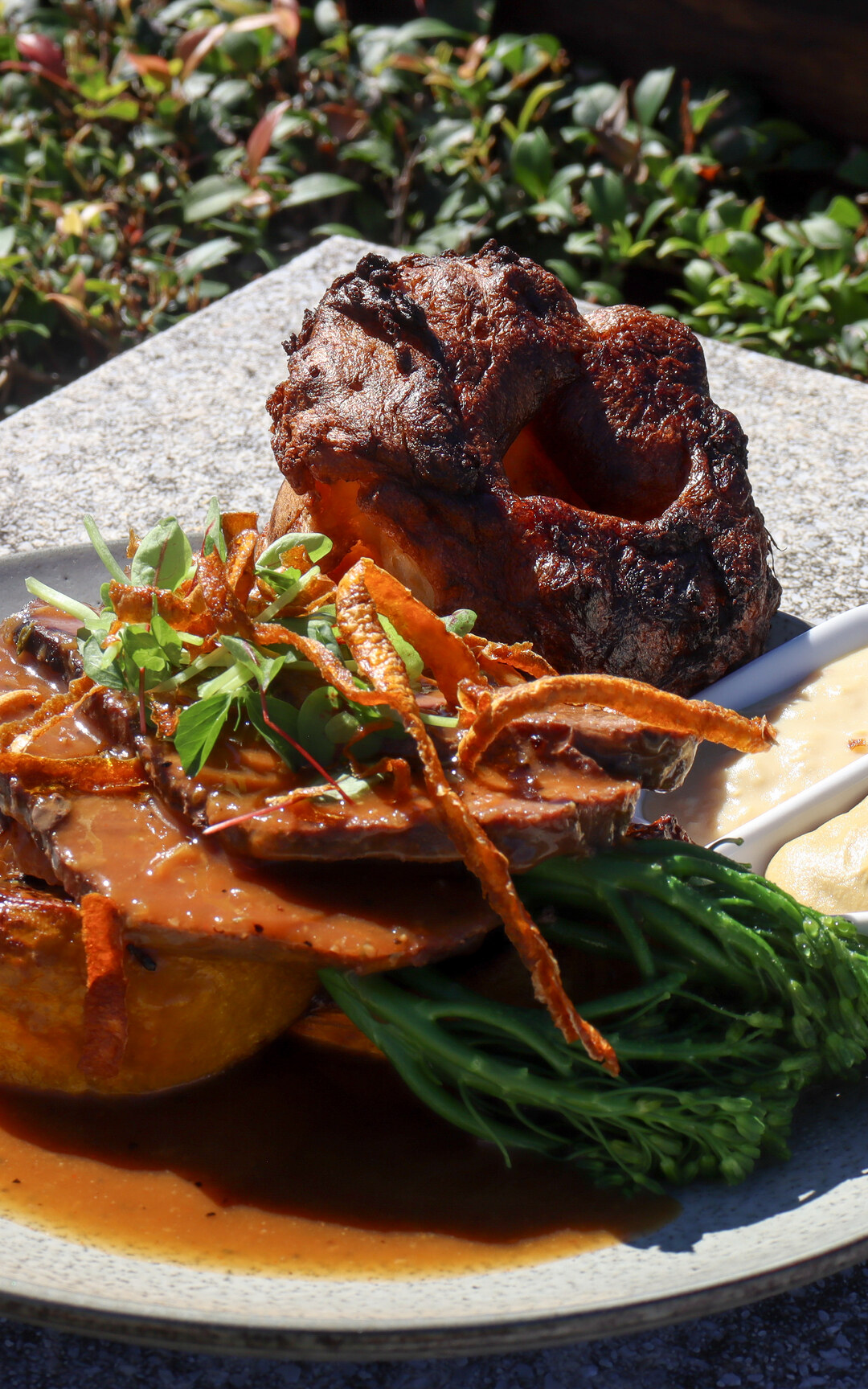 A plated roast lunch at Flaxton Gardens.