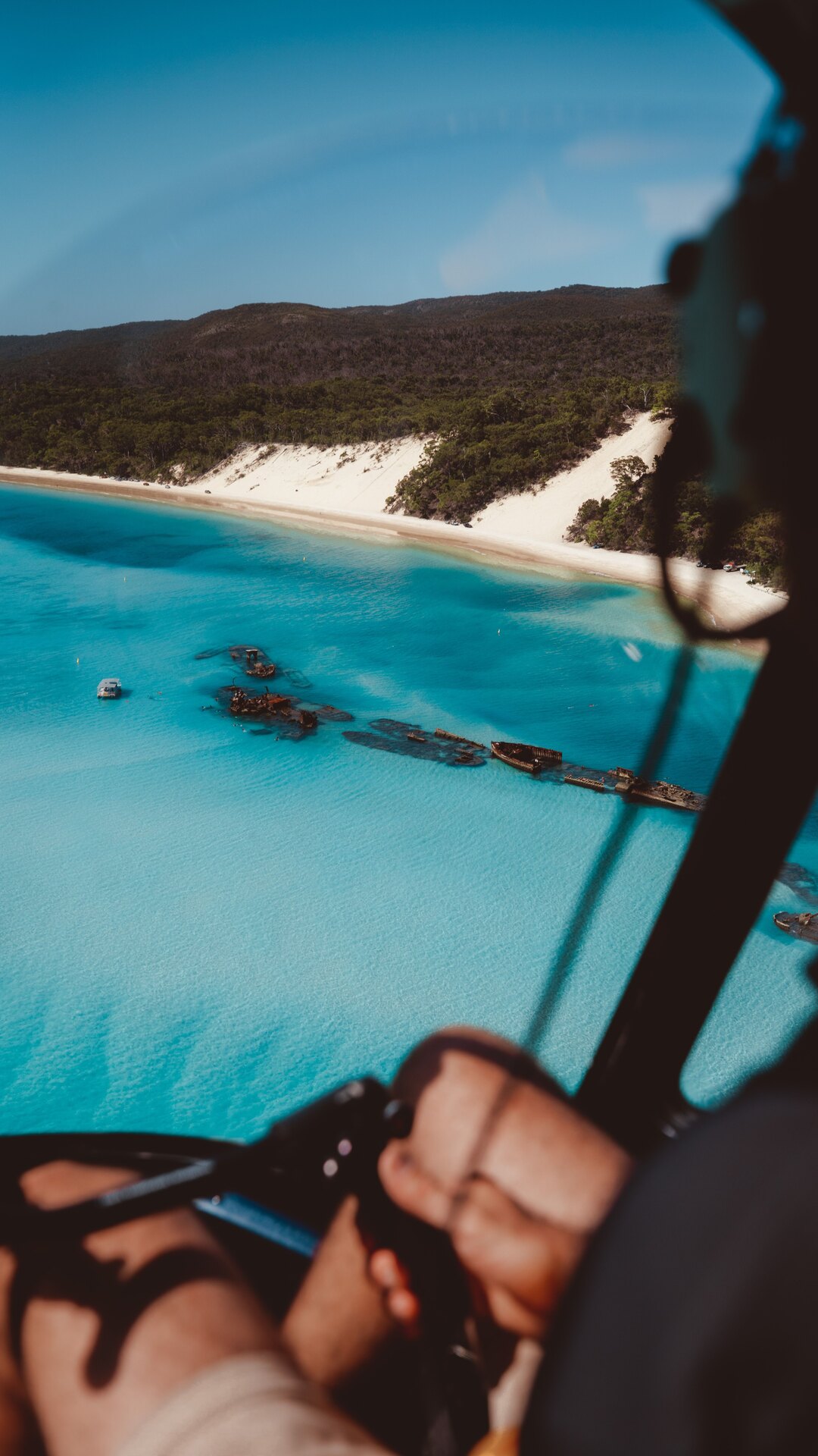 Aerial view of the Tangalooma Wrecks on Moreton Island.