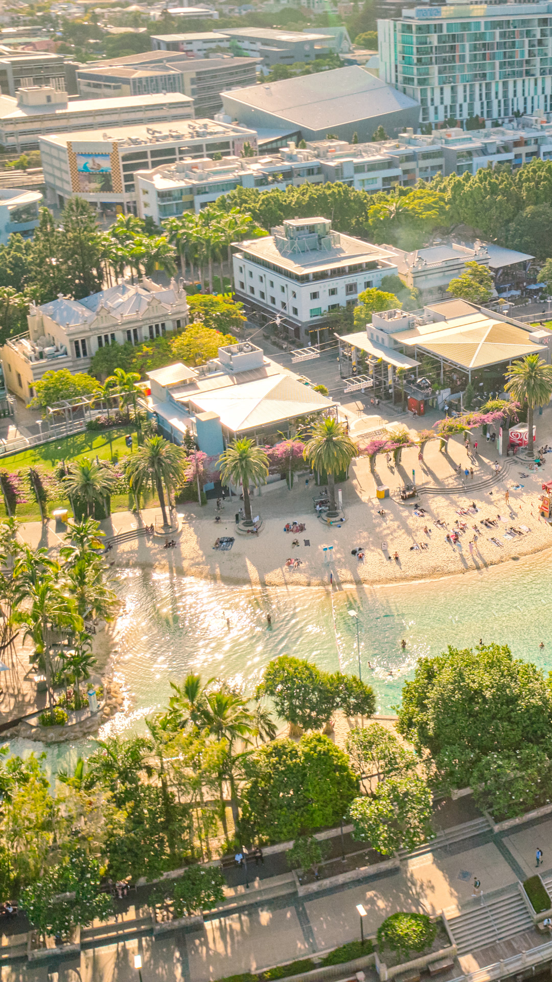 Aerial view of South Bank and Brisbane River.