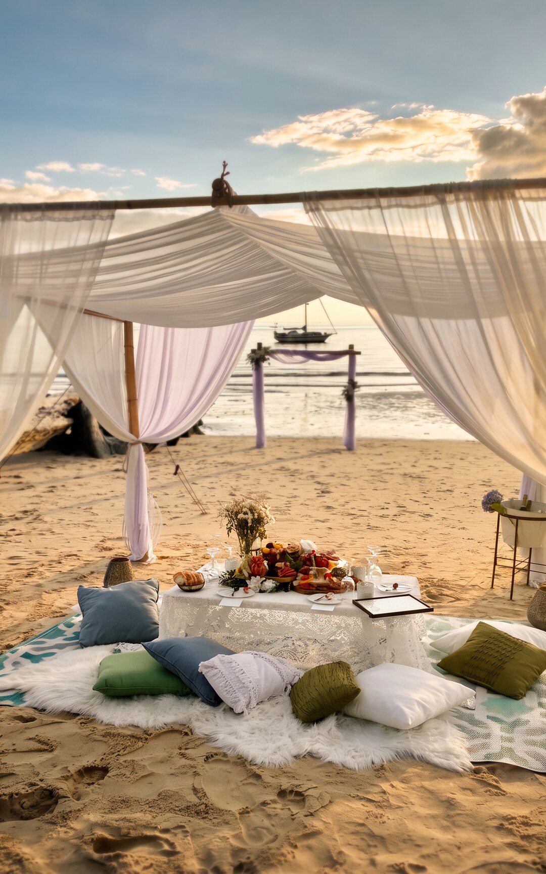 Proposal picnic cabana and dining setting overlooking the ocean at golden hour.