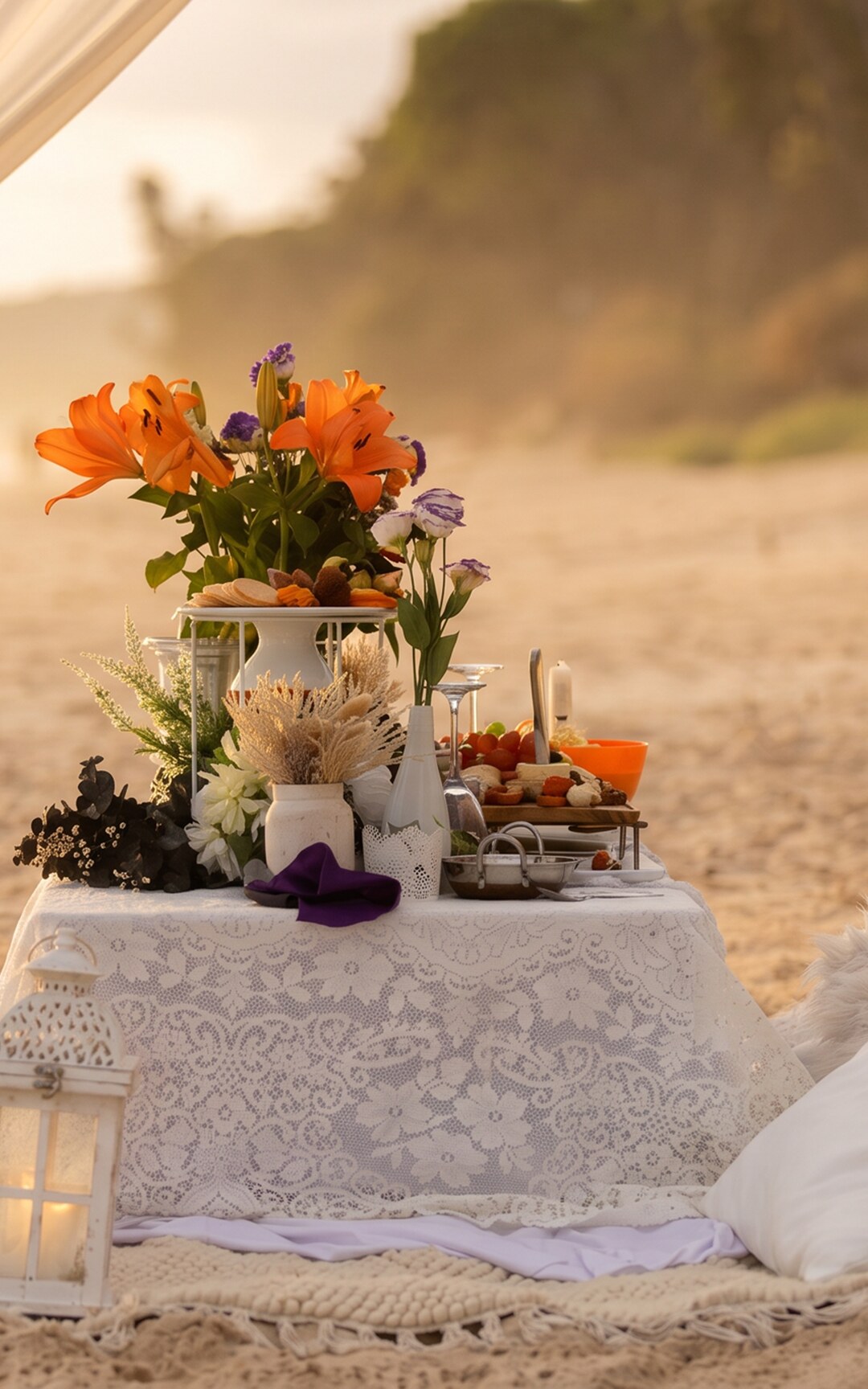Proposal picnic table styled with flowers and food beneath a beach cabana.