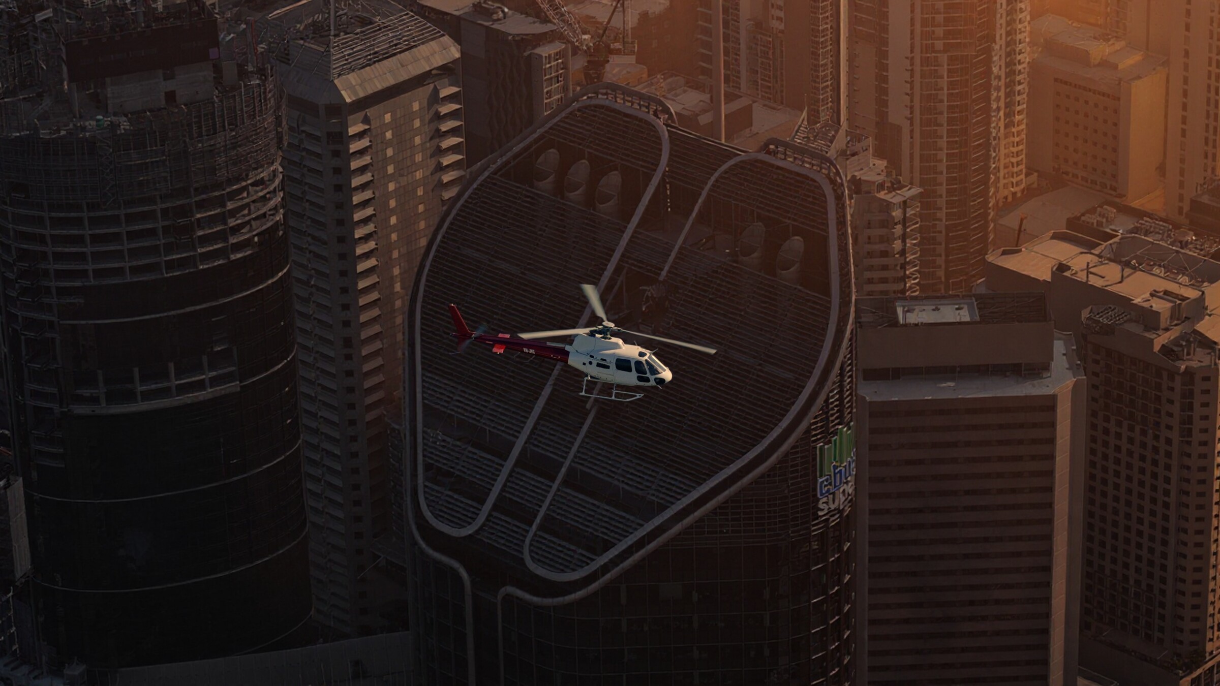 A Bekaa Air helicopter flying above Brisbane’s city skyline.