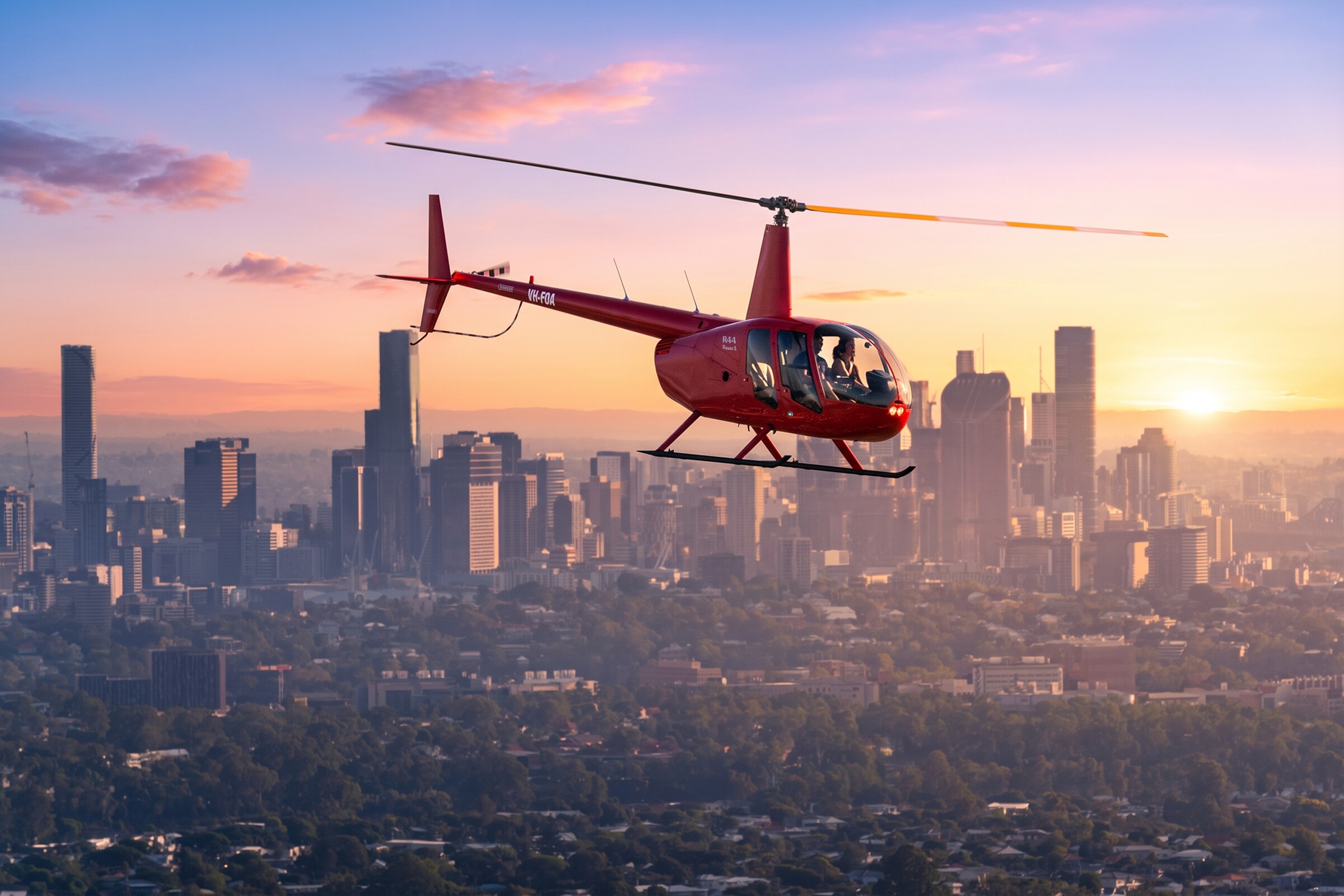 A Bekaa Air helicopter flying above Brisbane in evening light.