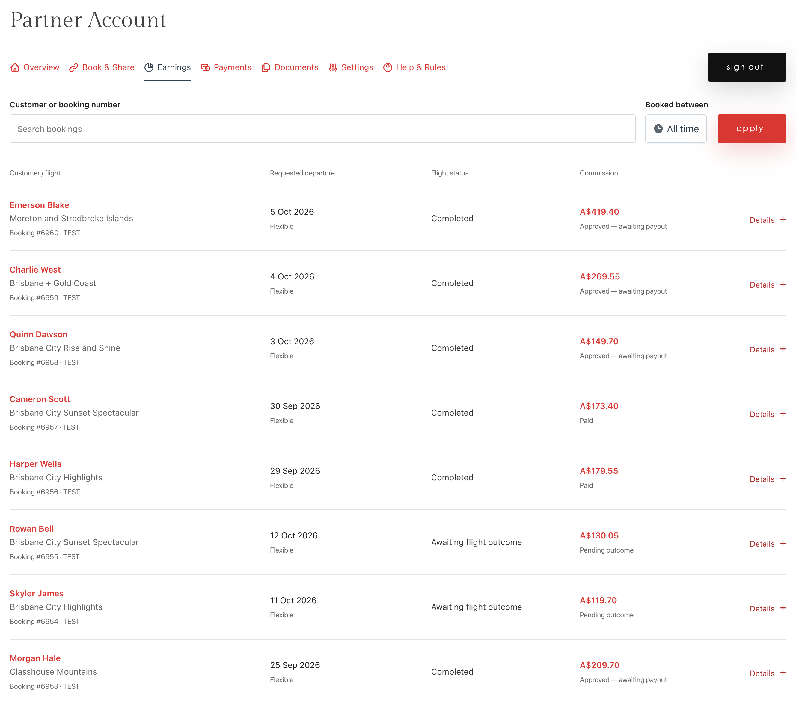 Example partner account showing booking commissions and recorded payments.
