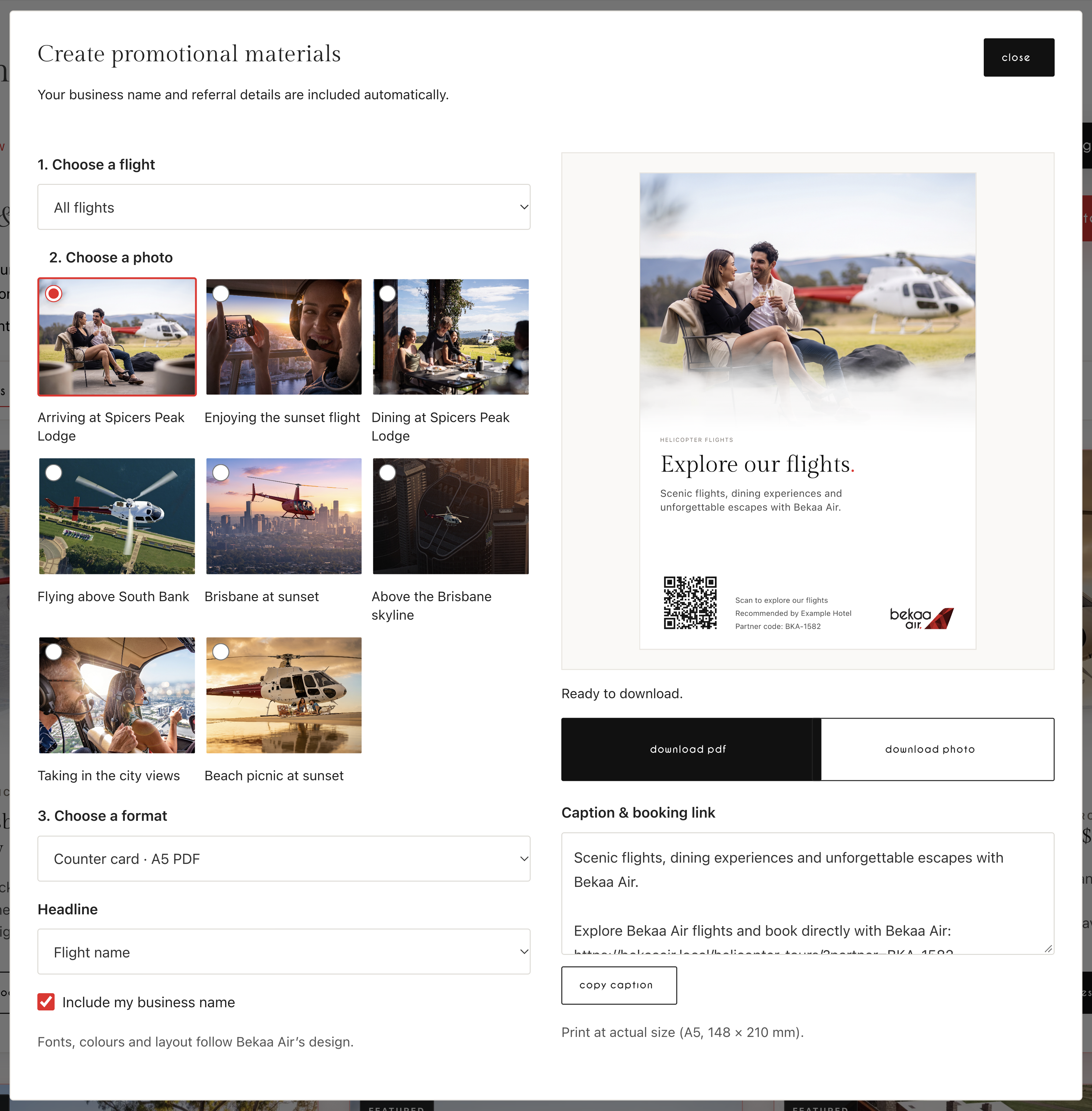 Example of the partner promotional materials tool, with flight, photo and format choices beside the artwork preview.