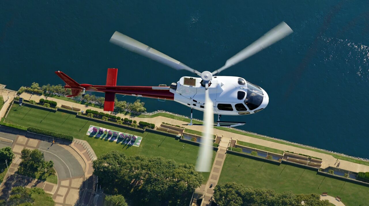 Bekaa Air helicopter flying above the Brisbane sign