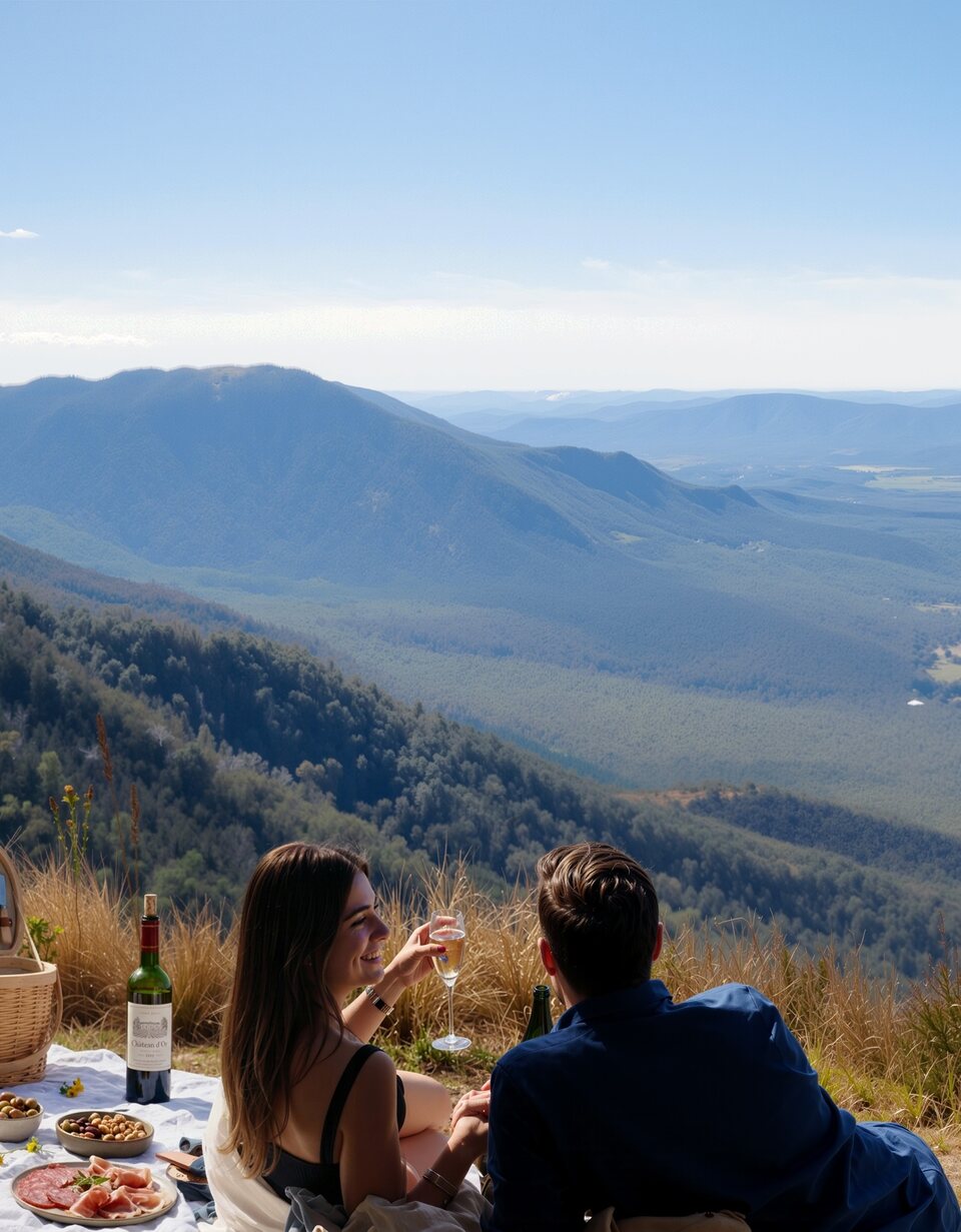 Couple enjoying a picnic overlooking Mount Mistake