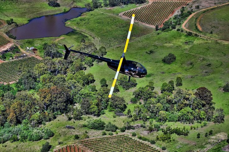 Robinson R44 flying above a rural property and vineyards