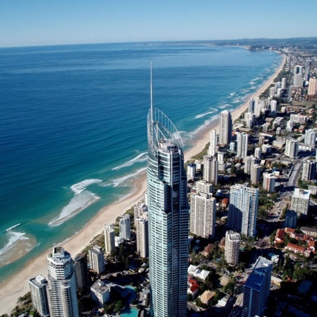 Aerial view of the Gold Coast skyline and coastline near Q1.