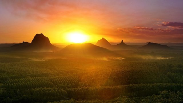 The Glasshouse Mountains from Helicopter