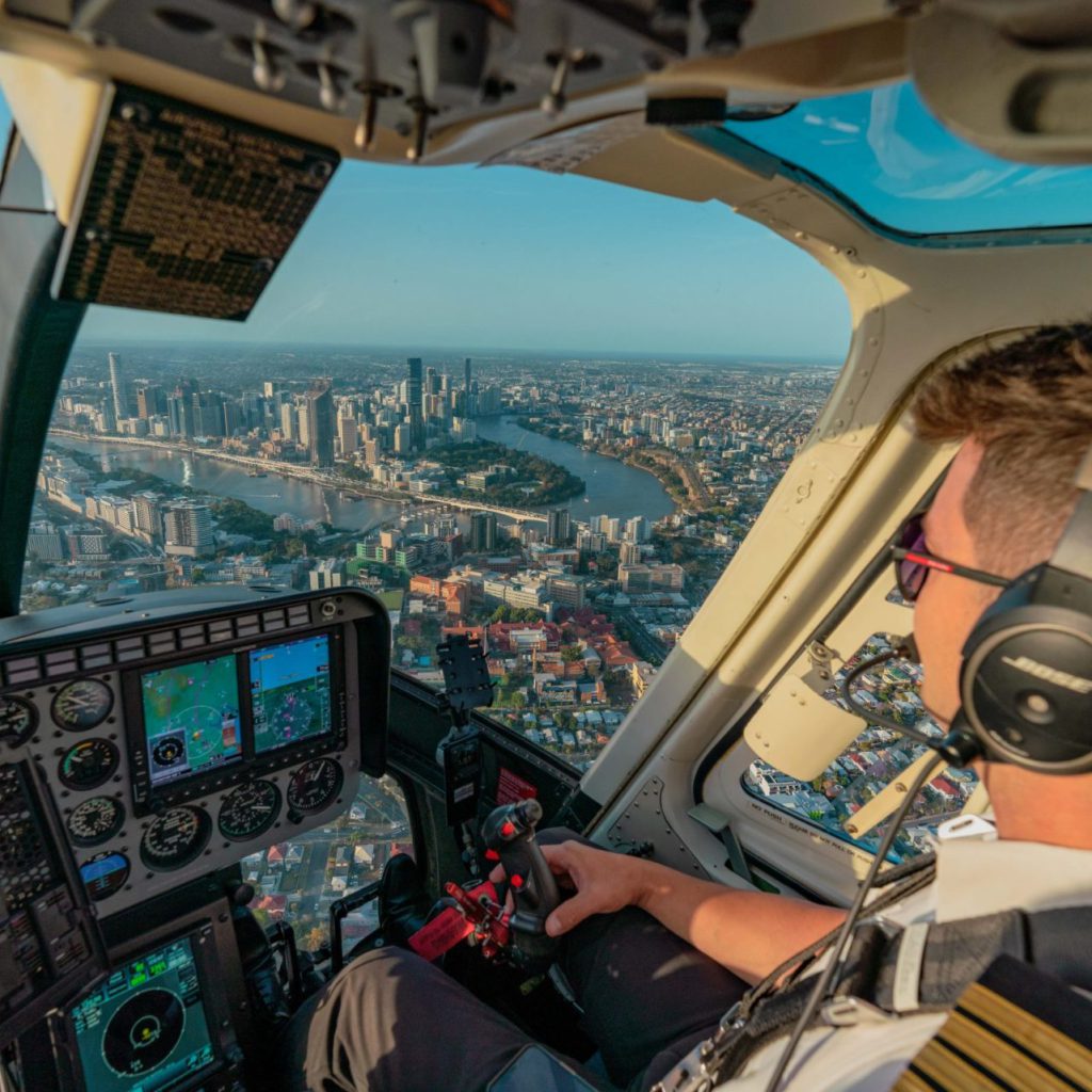 Brisbane City through cockpit of Bell Longrager Helicopter