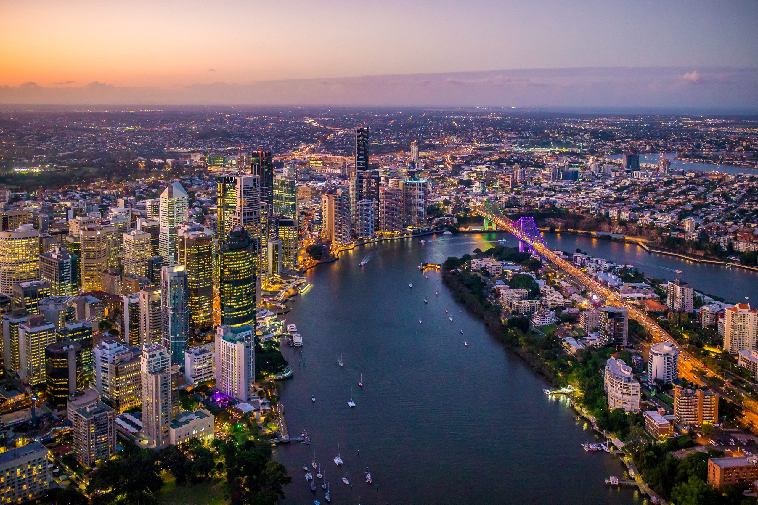 Lights of Brisbane city and surrounds at dusk