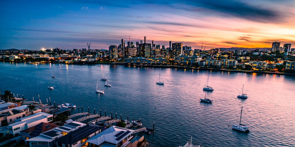 Brisbane River and city skyline at sunset