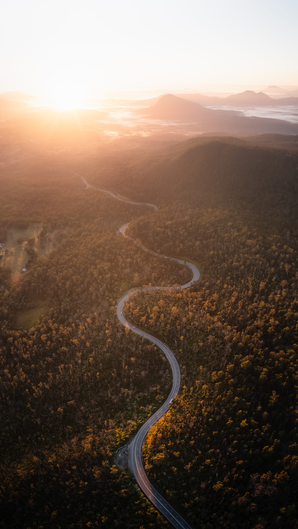 Aerial mountain road winding through the Scenic Rim at sunrise.