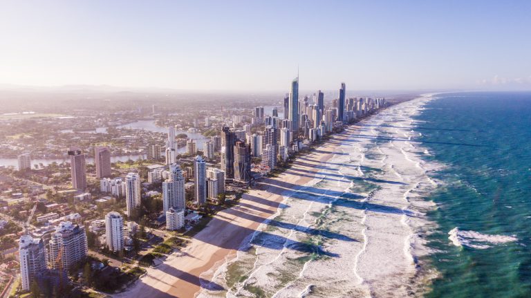 Gold Coast skyline and coastline from above.