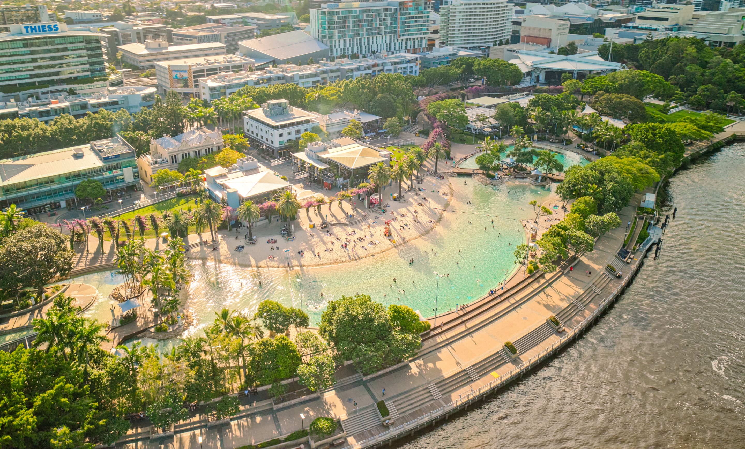 South Bank streets beach and Brisbane River from above