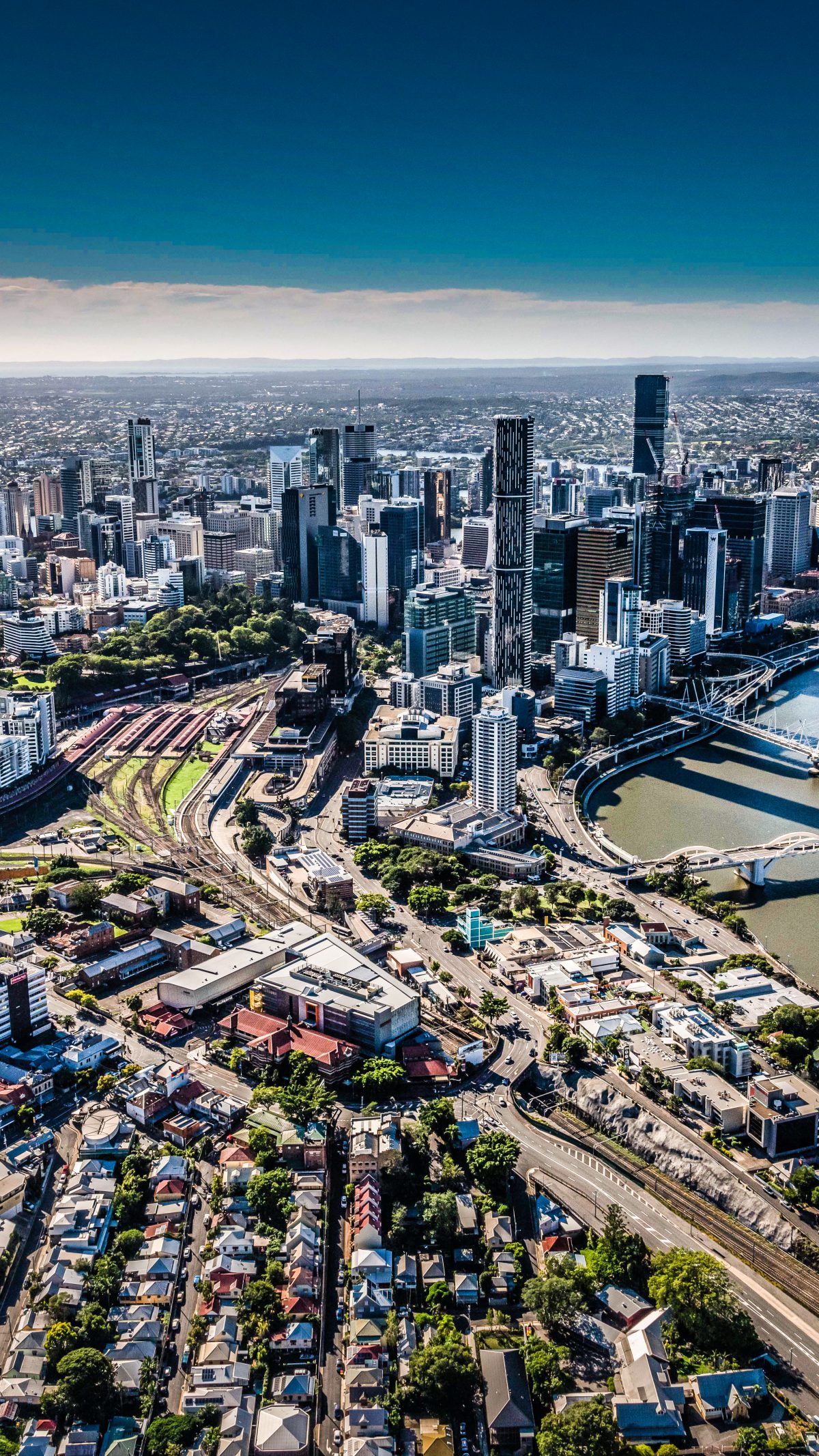 Brisbane city skyline and river from above