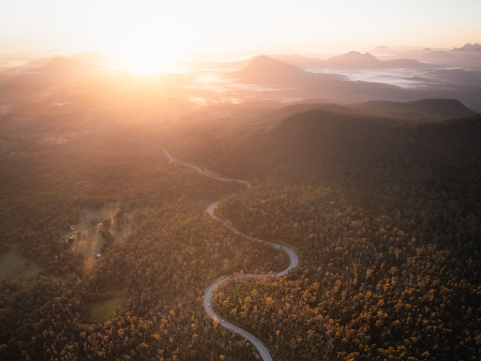 Glass House Mountains aerial panorama on the scenic route to Australia Zoo.