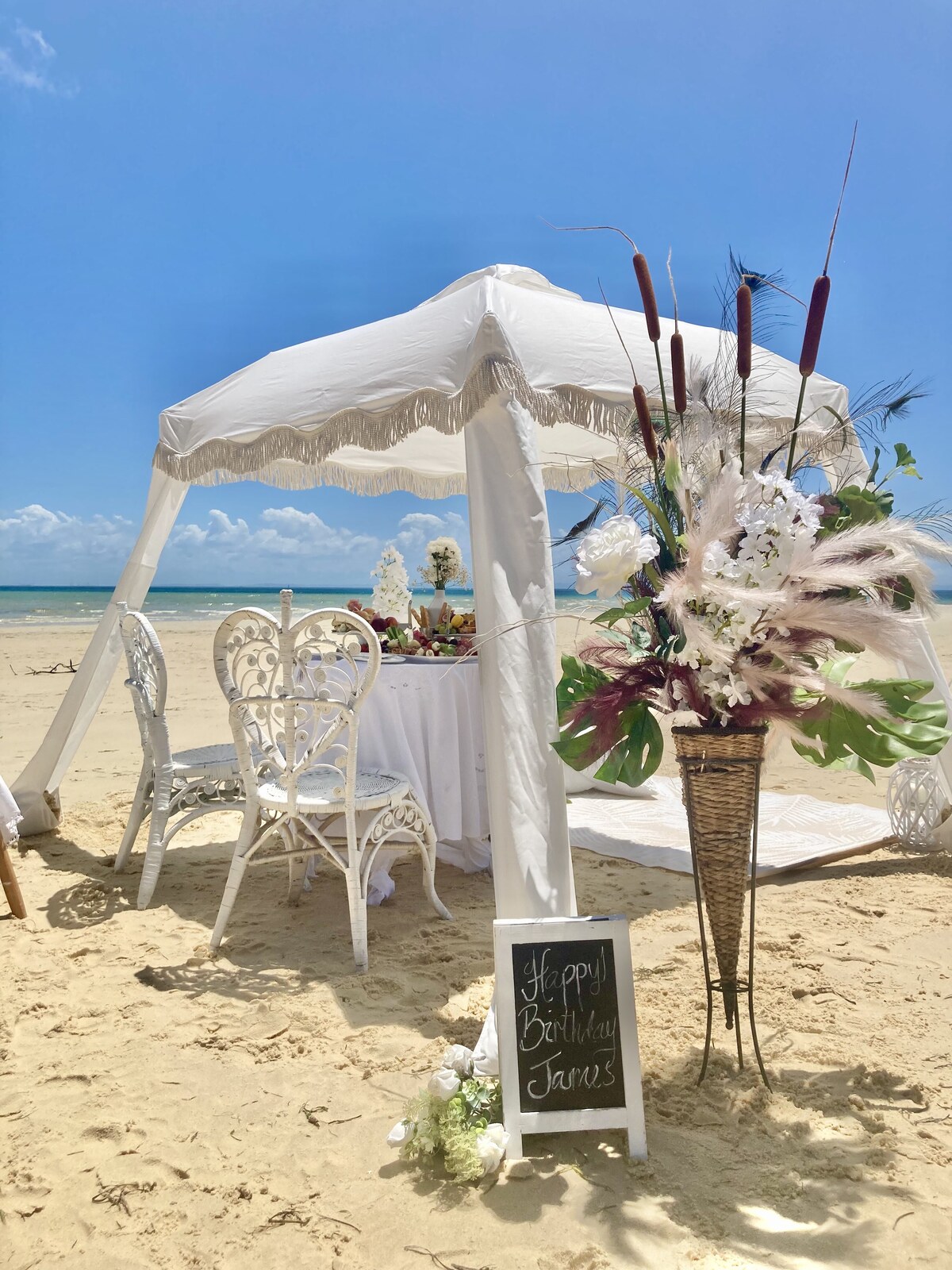 Signature beach picnic setup on North Stradbroke Island.