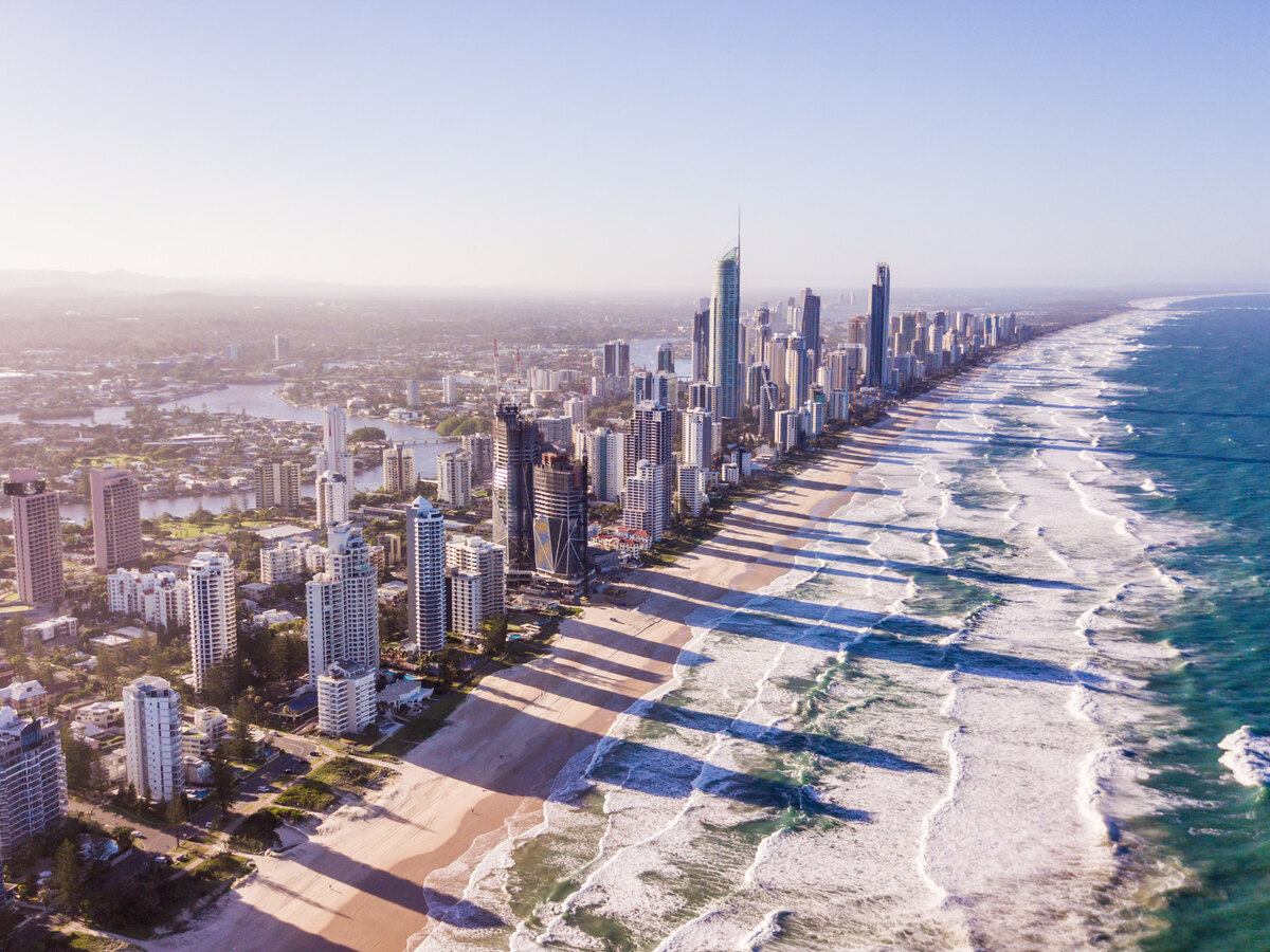 Gold Coast skyline and coastline from above.