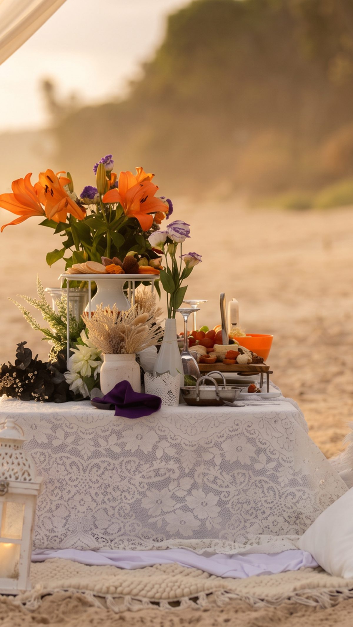Proposal picnic arranged beside the ocean.