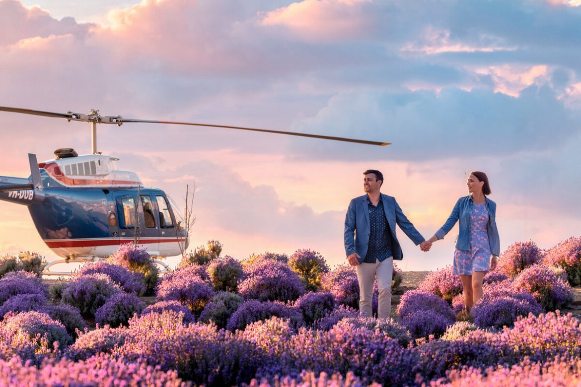 Bekaa Air helicopter and couple at Kooroomba Lavender Farm