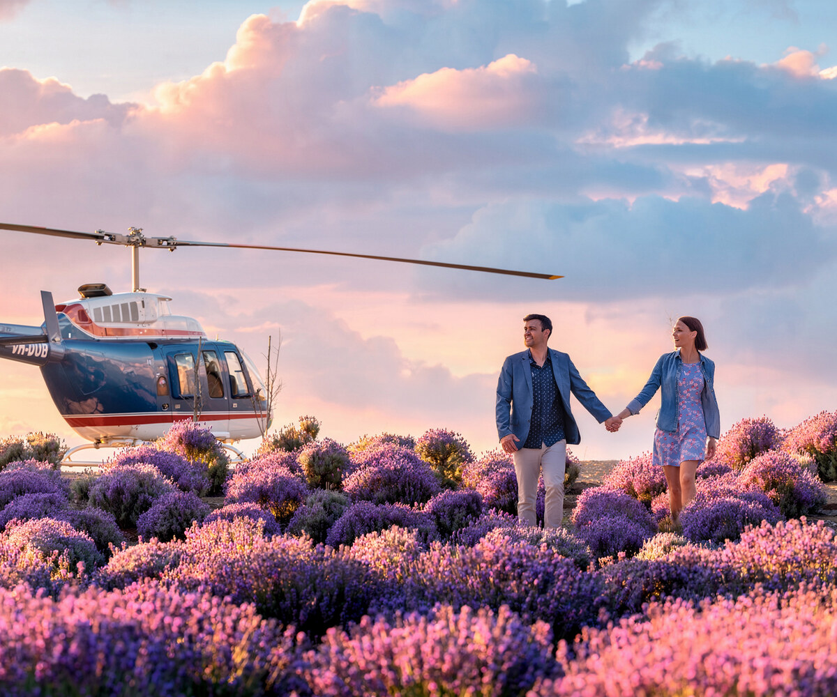 Bekaa Air helicopter and couple at Kooroomba Lavender Farm