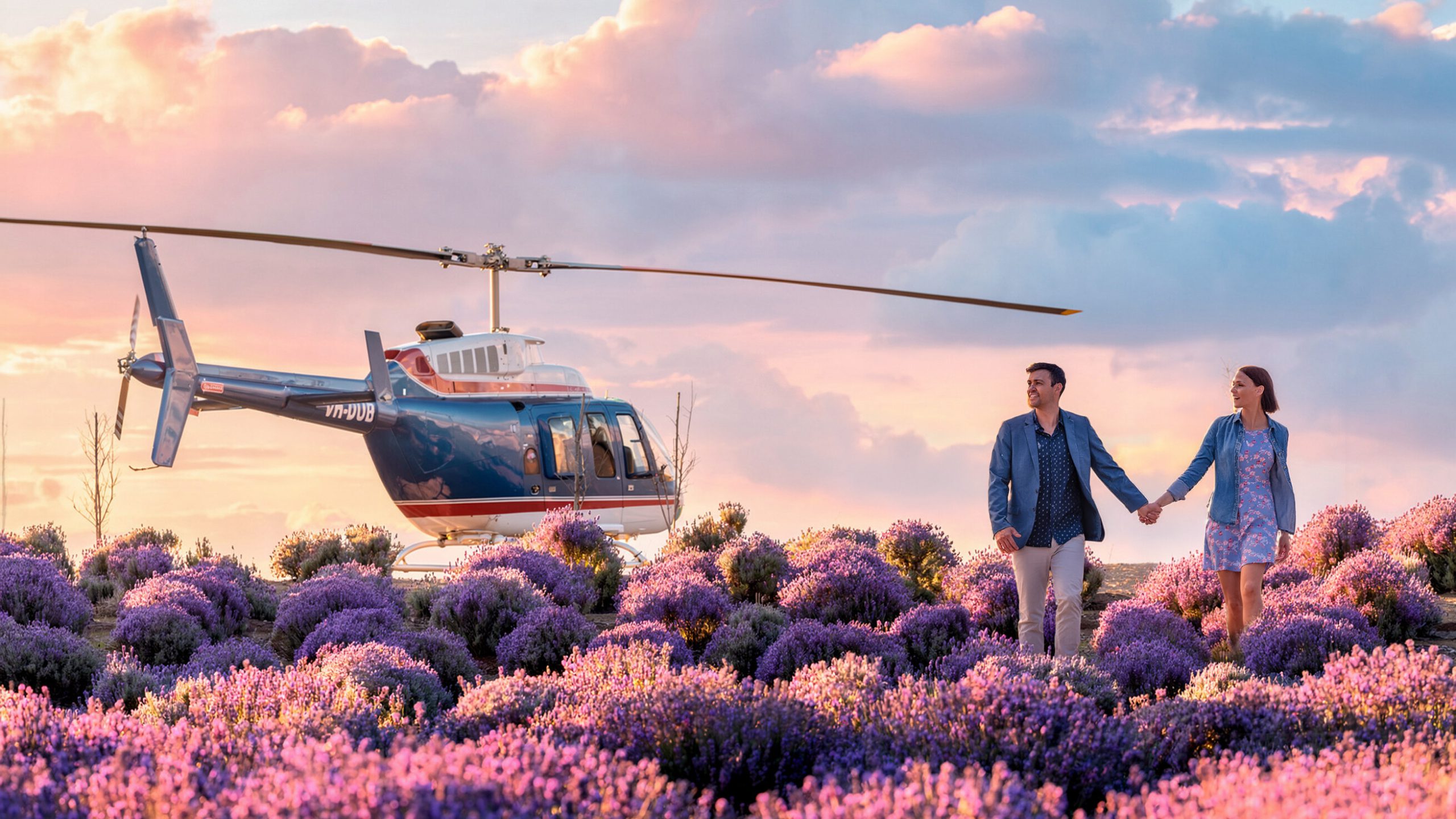 Bekaa Air helicopter beside a couple in Kooroomba lavender fields