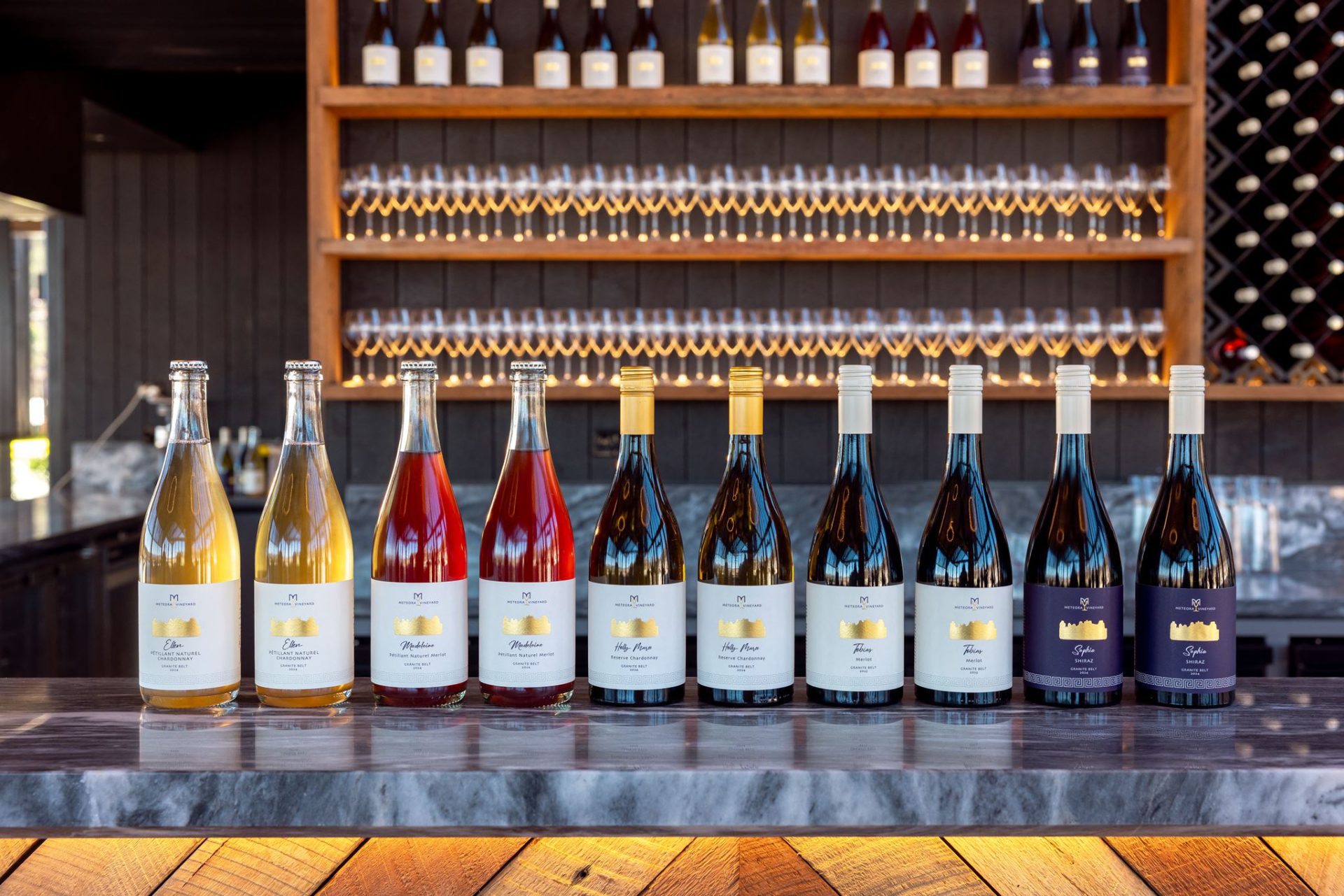 Meteora Vineyard estate wine collection at the cellar door.