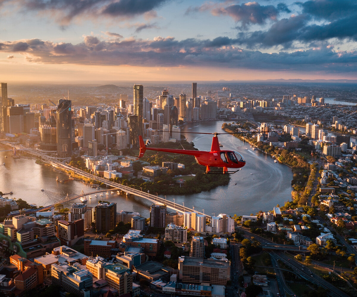 Bekaa Air helicopter above Brisbane at sunrise