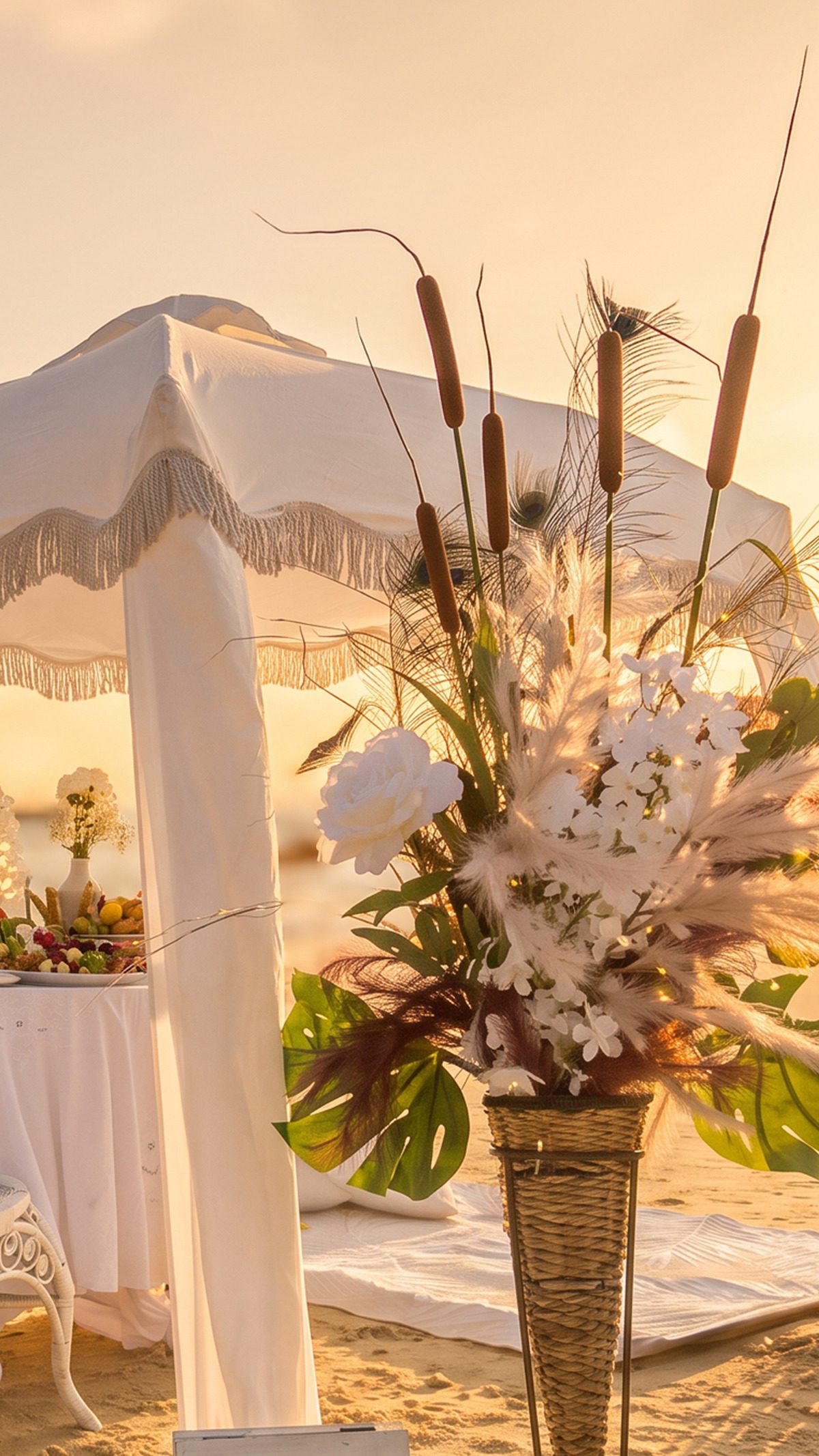 Signature picnic canopy and floral table setting at golden hour.