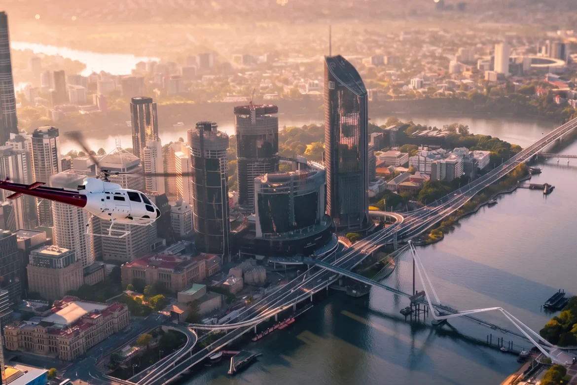 Brisbane skyline and Bekaa Air helicopter at golden hour