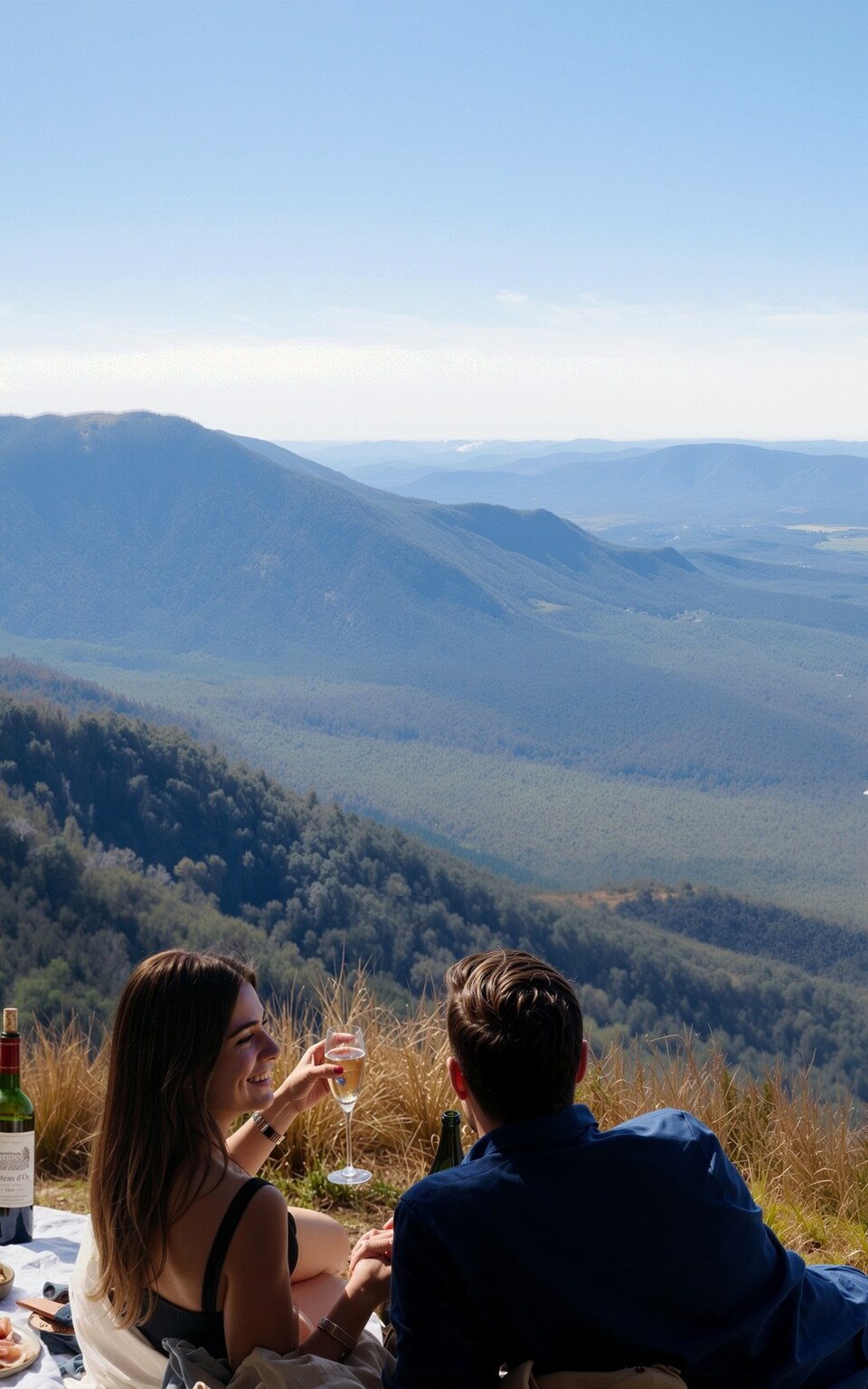 Couple enjoying a Mount Mistake helicopter picnic overlooking the Scenic Rim.