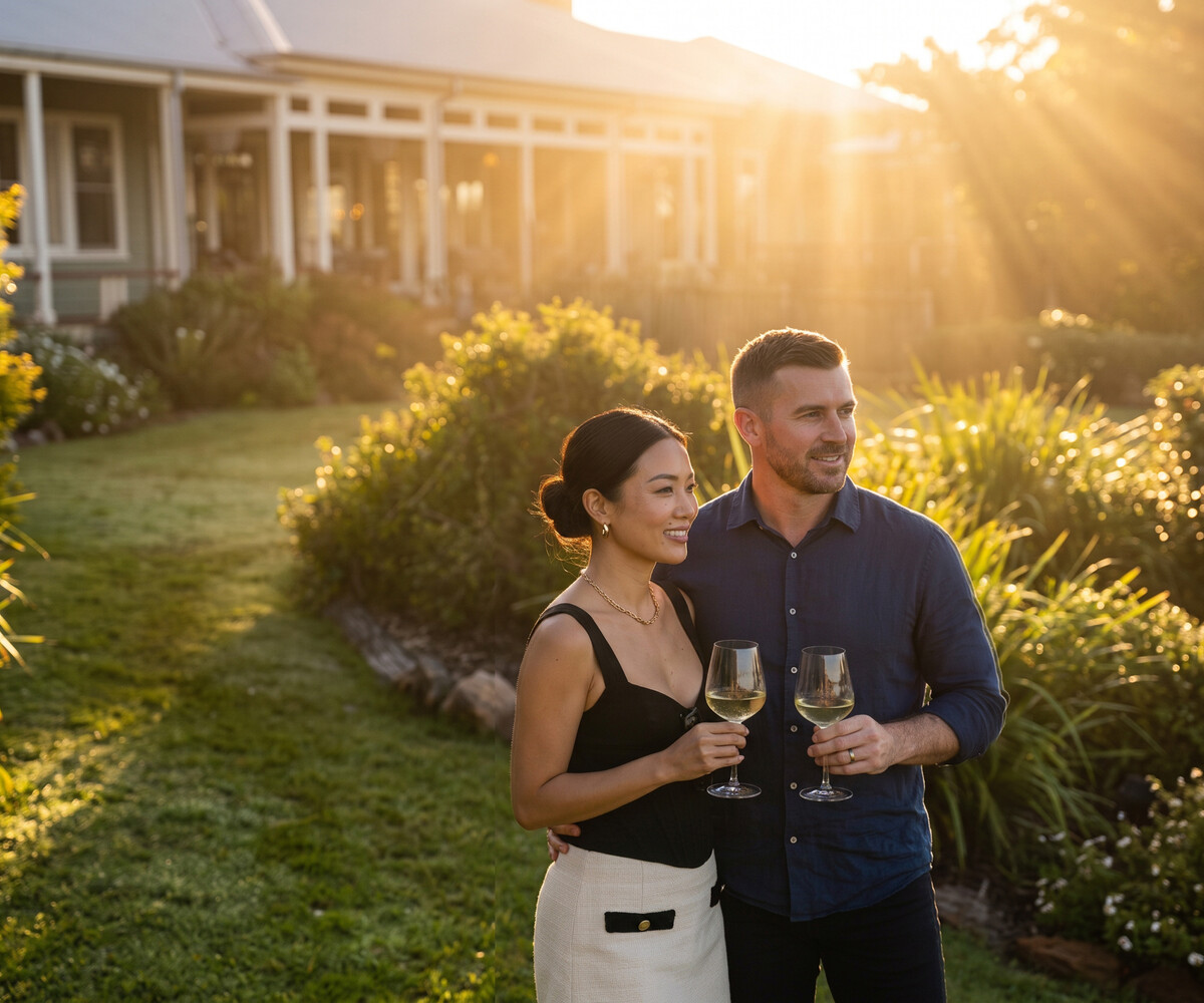 Couple enjoying wine at Spicers Hidden Vale at sunset