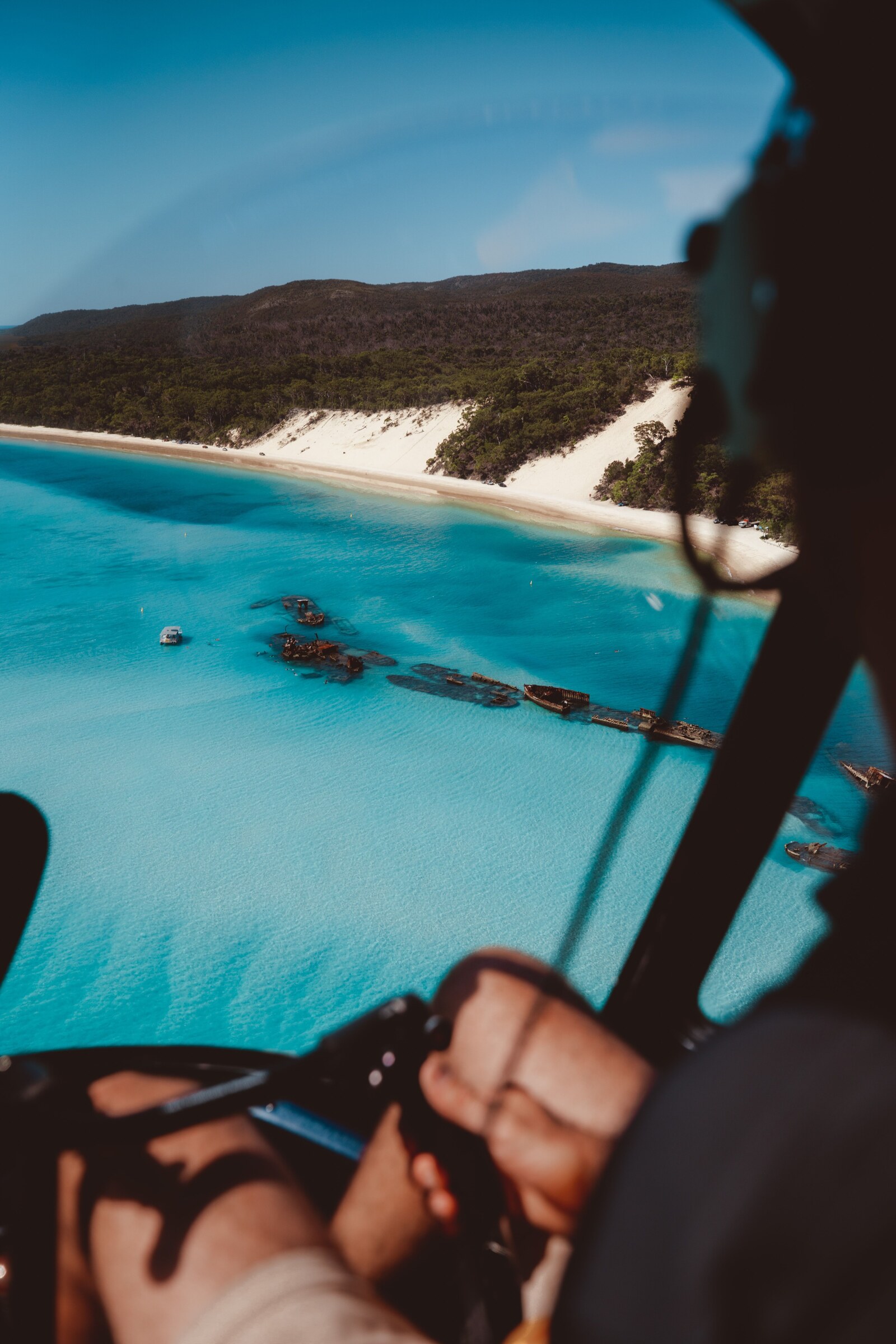 Aerial view of the Tangalooma Wrecks from a helicopter